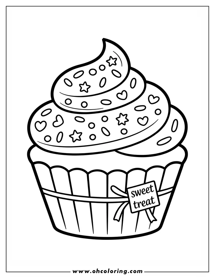 Line art of a cupcake decorated with swirled frosting, sprinkles, and a tag reading "sweet treat"