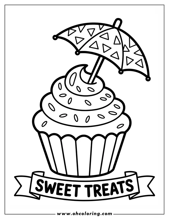 Line art of a cupcake with swirled frosting, sprinkles, and a cocktail umbrella. A banner below reads "Sweet Treats."