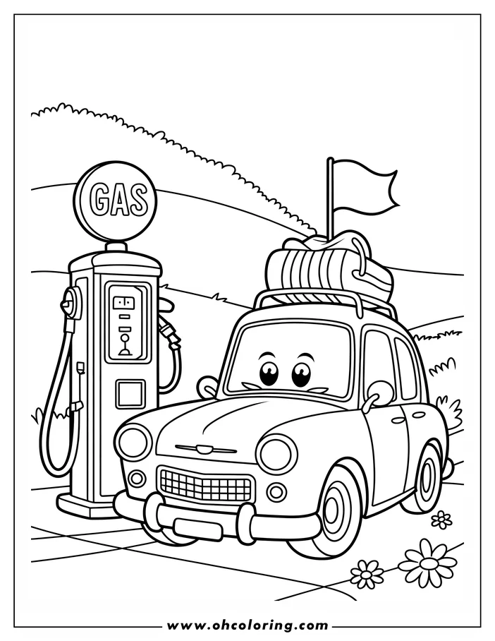 Outline of a cute car at a gas station with luggage on its roof rack and a small flag. The car has friendly eyes and is parked by a vintage gas pump.
