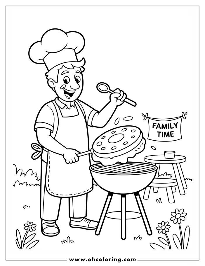 Line art of a dad grilling burgers on a barbecue for Father's Day. He wears an apron and chef's hat, holding a spatula and spoon. A 'Family Time' banner hangs in the background, along with a table and cup. Flowers and grass add a summery touch to this coloring sheet design.