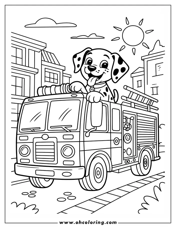 Line art of a Dalmatian dog driving a fire truck down a city street. The dog is smiling with its tongue out, and buildings and a sun are visible in the background. This detailed drawing is designed as a coloring page for kids and adults.