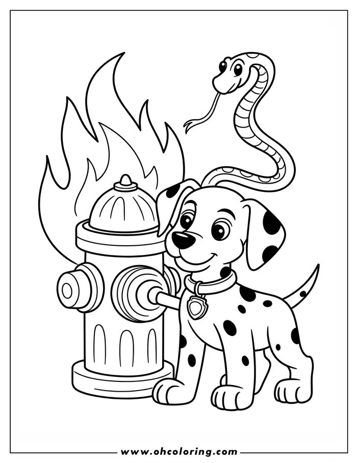 Outline of a Dalmatian puppy dressed as a firefighter, standing next to a fire hydrant with flames behind it and a snake above.