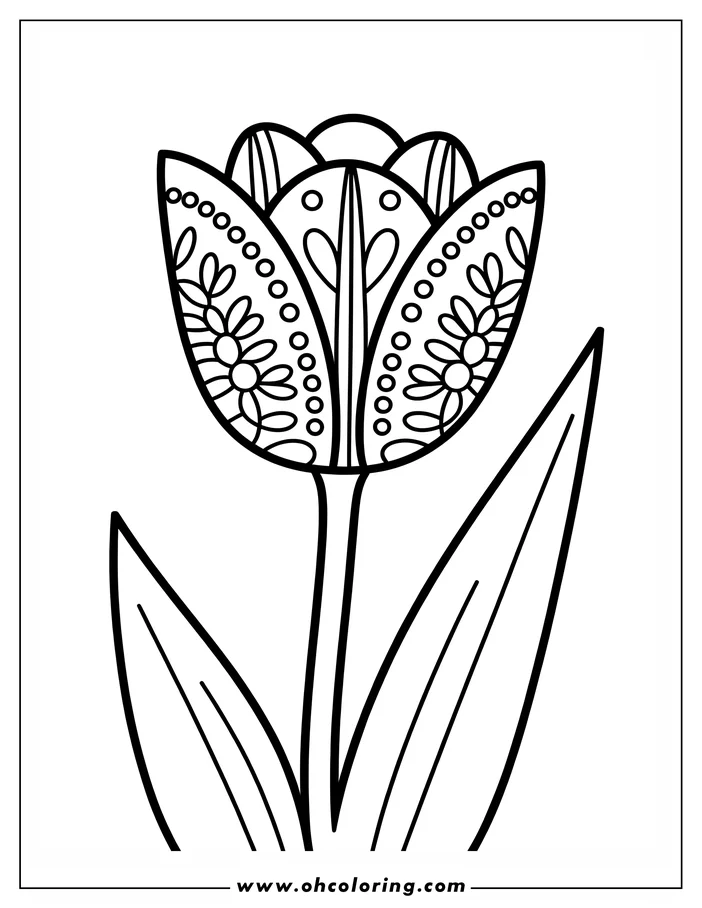Line art of a decorative tulip flower. The petals are filled with detailed patterns, including circles and small flower shapes. Two leaves extend from the stem. Ready for coloring.