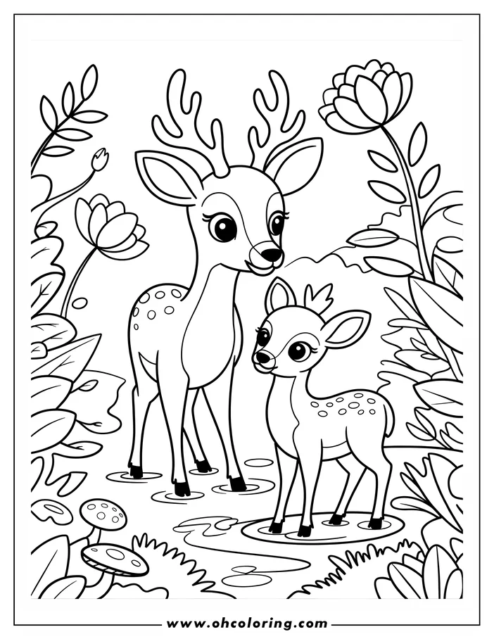 Line art of a mother deer and her fawn standing in a shallow pond. They are surrounded by flowers, leaves, and mushrooms.