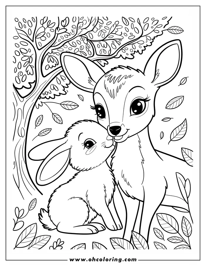 Line art of a deer and rabbit nuzzling each other among falling autumn leaves.