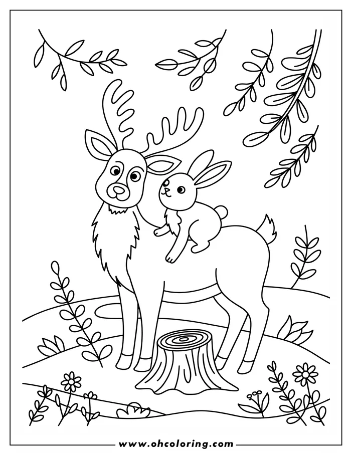Line art of a deer and rabbit in a forest setting. The rabbit sits on the deer's back, surrounded by plants, flowers, a tree stump, and overhanging branches.