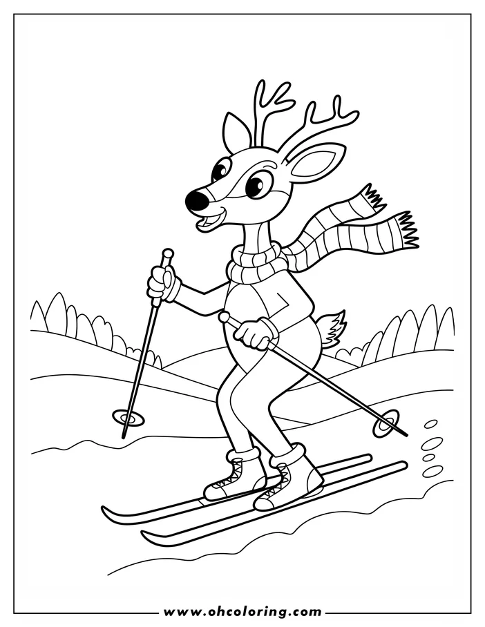 Line art of a deer skiing down a hill. The deer is wearing a scarf and winter clothes.