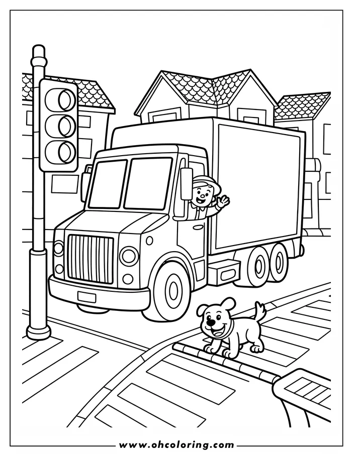 Outline of a delivery truck driver waving from his truck, with a dog waiting patiently at the crosswalk in a city setting.
