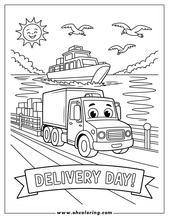 Line art of a delivery truck driving near the water, with a cargo ship and seagulls in the background.