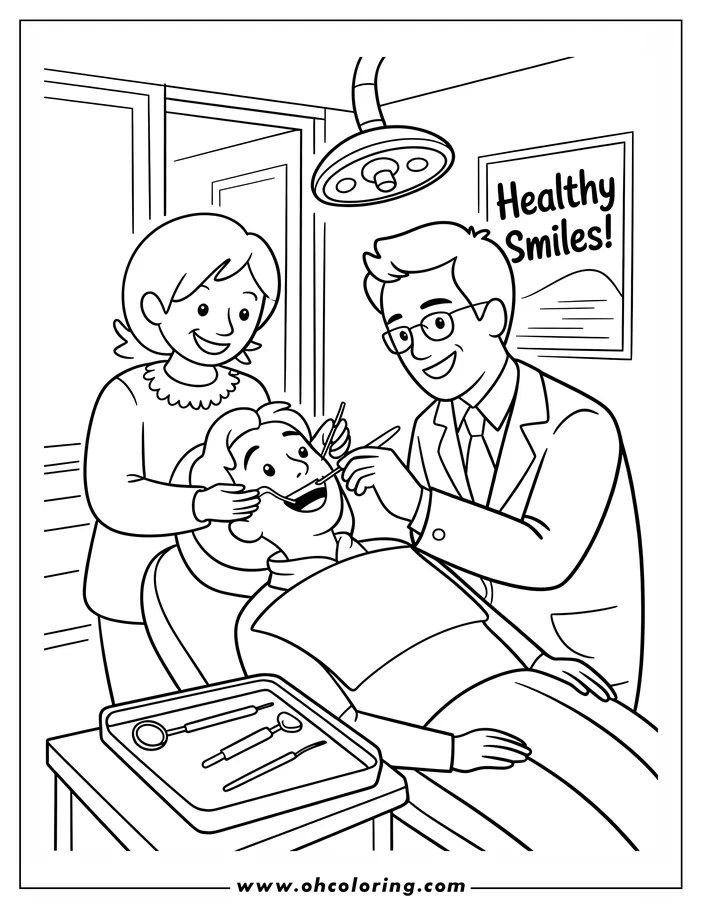 Line art of a dentist examining a patient's teeth in a dental office.  A dental assistant helps steady the patient.
