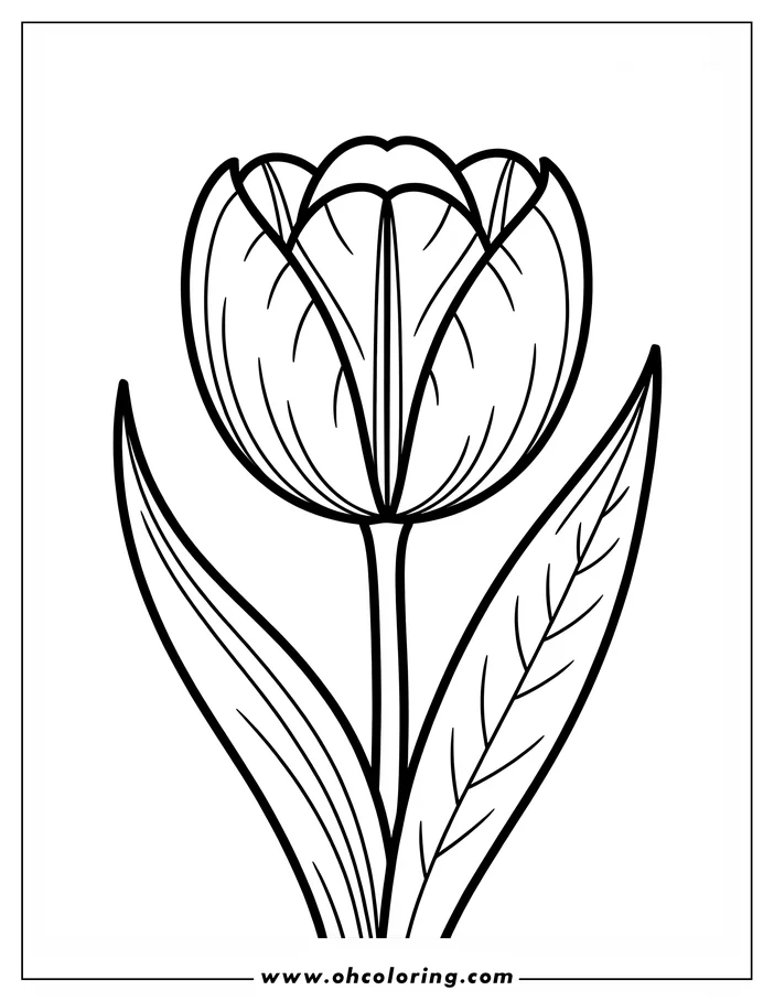 Simple line art of a tulip with two leaves, ready for coloring. The tulip stands upright with closed petals and features detailed leaves extending from its stem.