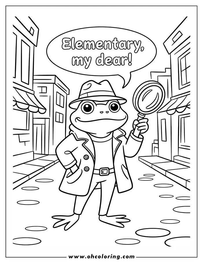 Line art of a detective frog holding a magnifying glass on a city street