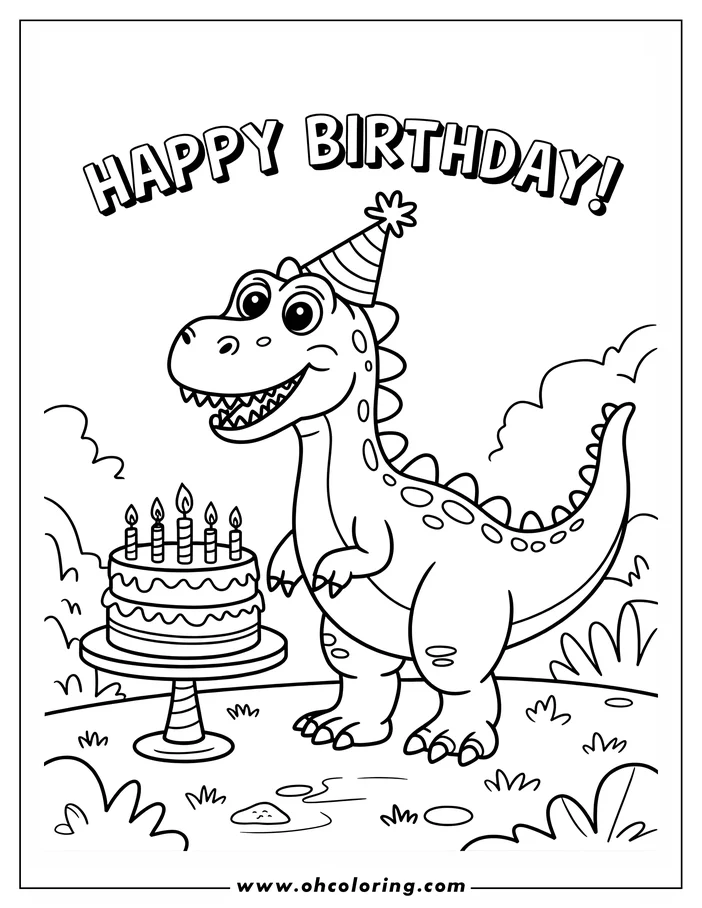 A cartoon dinosaur with a birthday cake and a party hat.