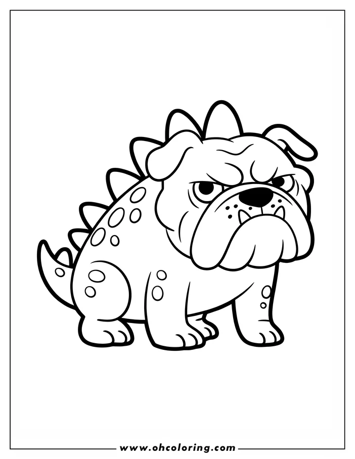 Line art of a bulldog with dinosaur spikes on its back, ready to be colored.