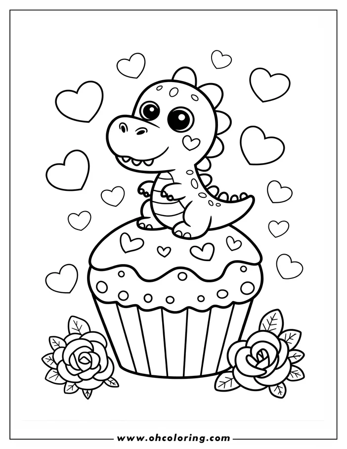 Outline drawing of a friendly dinosaur sitting on a decorated cupcake with roses and hearts.