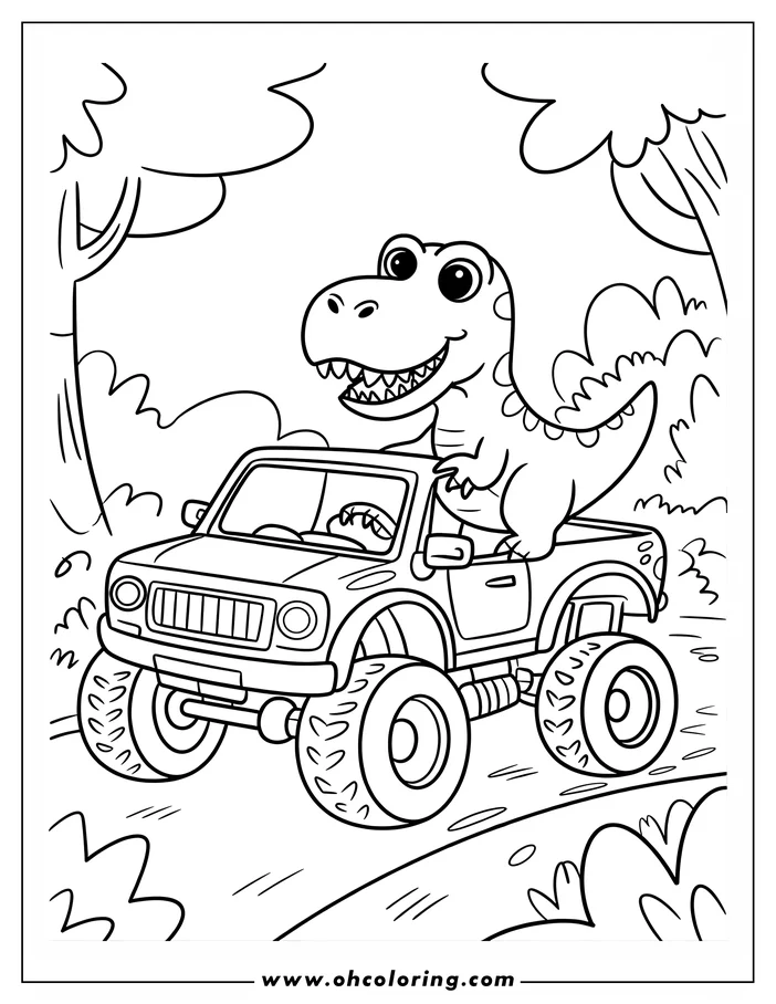 Cartoon dinosaur driving a pickup truck in a natural setting.