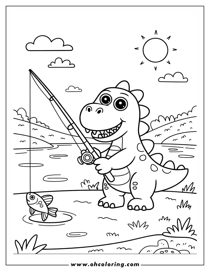 Line art of a friendly dinosaur fishing. The dinosaur stands on the shore holding a fishing rod, with a small fish on the hook in the water.