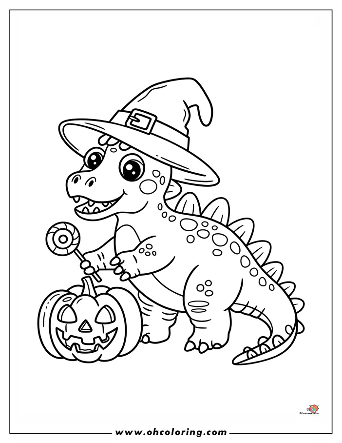 Line art of a smiling dinosaur wearing a witch's hat, holding a lollipop, and standing beside a carved Halloween pumpkin.