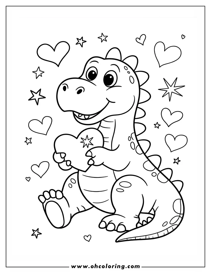 Outline of a cartoon dinosaur holding a heart, surrounded by decorative hearts and stars.