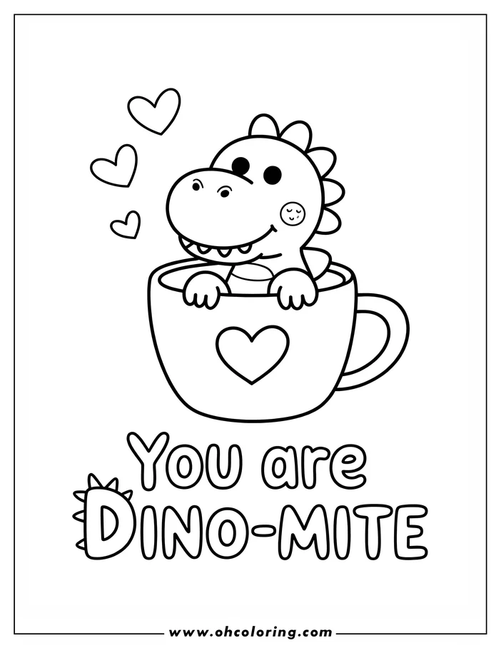 Outline of a smiling cartoon dinosaur sitting in a mug with a heart. Three hearts float above the mug.