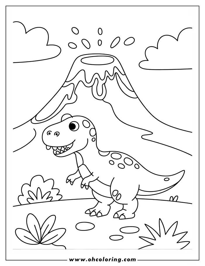 A cartoon dinosaur stands near an erupting volcano. Small plants surround the dinosaur's feet.