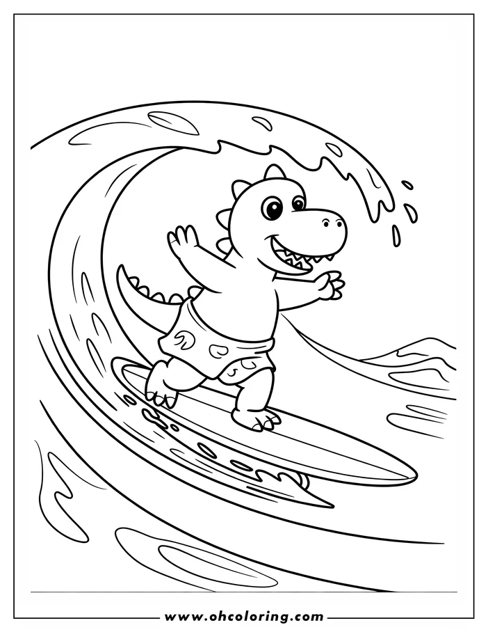 Cartoon dinosaur surfing on an ocean wave.