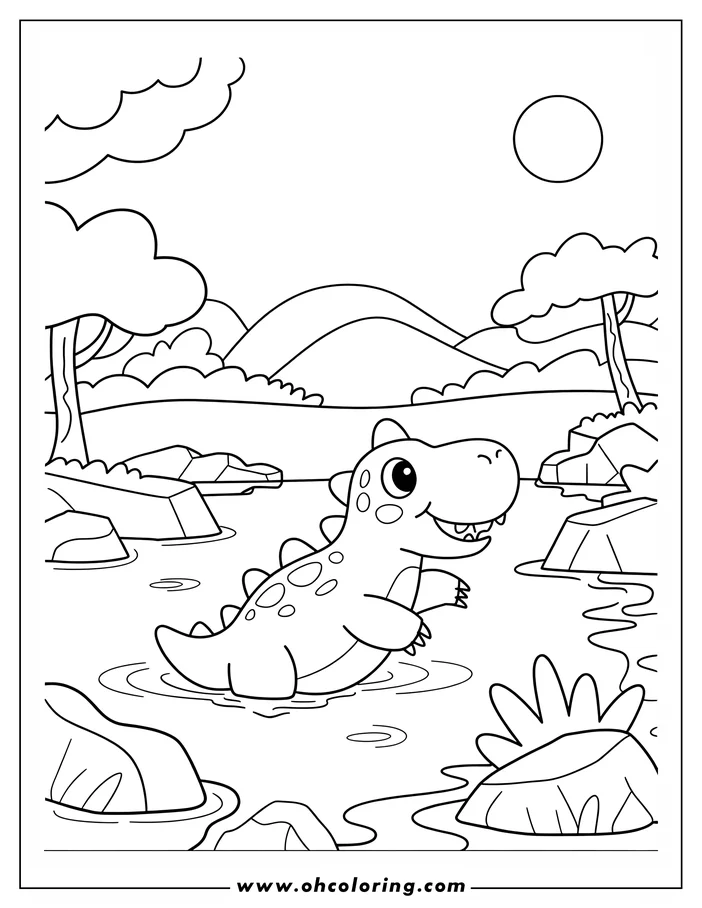 Outline of a friendly-looking dinosaur wading in a shallow body of water. There are rocks and plants surrounding the dinosaur.