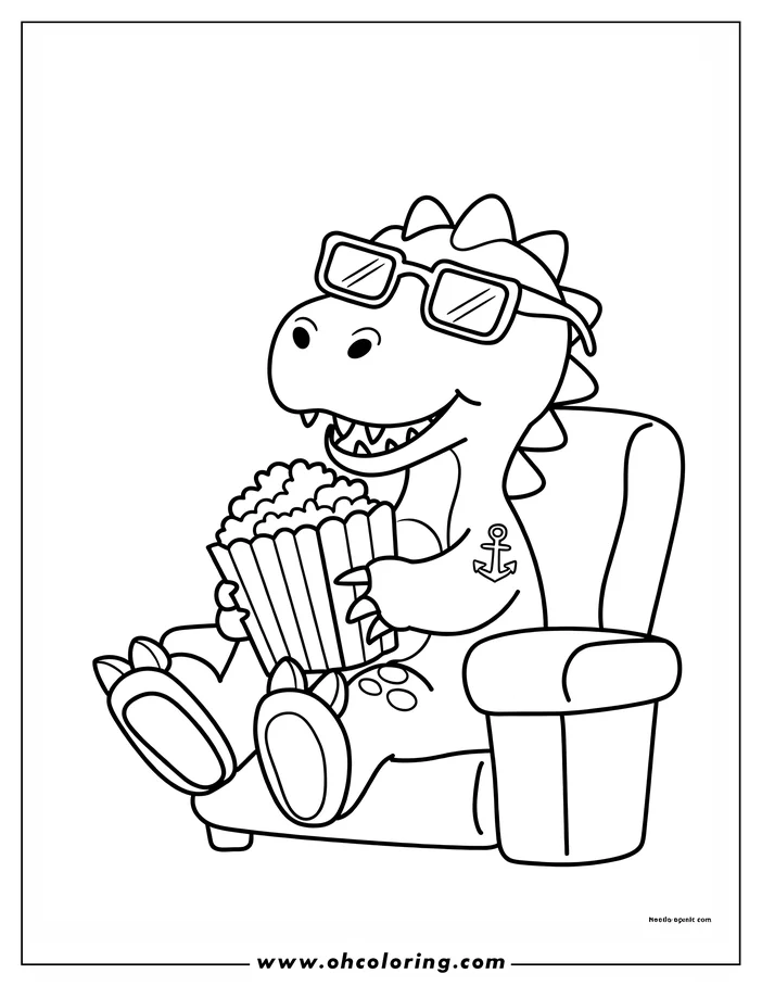 Outline of a cartoon dinosaur sitting in an armchair with 3D glasses, holding a bucket of popcorn