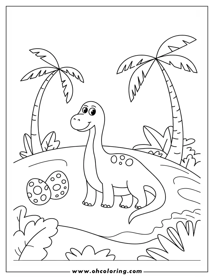 Cartoon dinosaur with spotted back and long tail, standing near two large speckled eggs. Two palm trees are visible in the background.