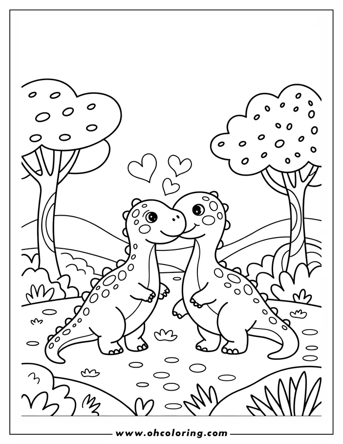 Two dinosaurs stand nose to nose with hearts above them, suggesting they are in love. They are in a natural setting with trees and plants.