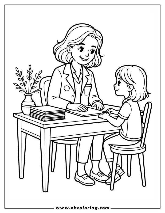 Line art of a doctor and a young patient sitting at a desk. The doctor, wearing a lab coat, is showing the patient something on the desk.