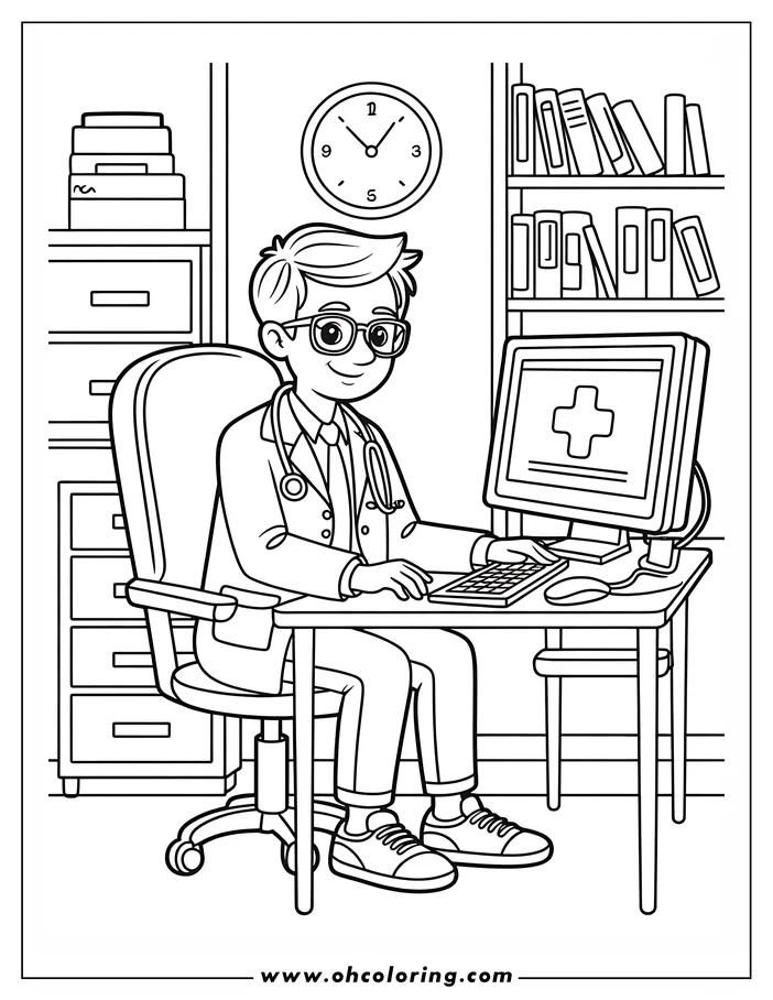 Line art of a doctor sitting at a desk using a computer in his office. He wears a lab coat and stethoscope and there's a bookshelf behind him.