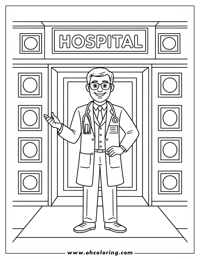 Line art of a doctor standing outside a hospital building. He's wearing glasses and a lab coat with a stethoscope.