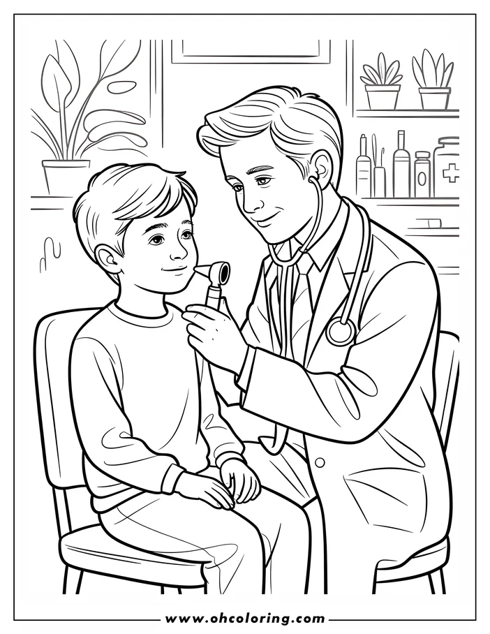 Line art of a doctor examining a child's ear with an otoscope in a medical office setting.