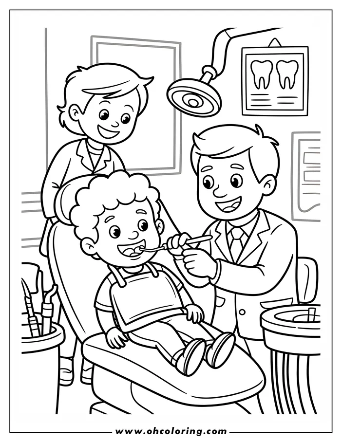 Line art of a doctor checking a child's teeth at the dentist's office. A dental assistant observes.