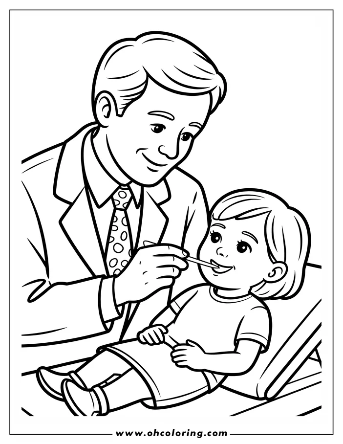 Line art of a doctor examining a child's throat with a tongue depressor. Both the doctor and child appear friendly and at ease.