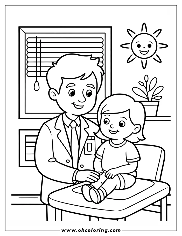 Line art of a doctor examining a child patient's knee in a brightly lit office.