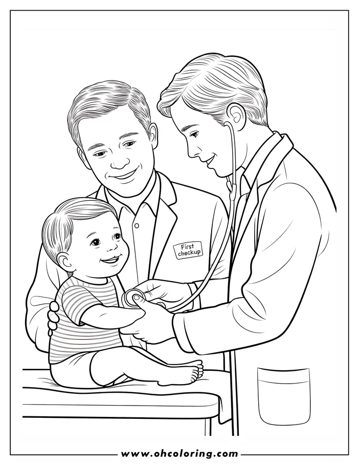 Line art of a doctor performing a checkup on a baby with a stethoscope, while a man stands supportively beside them.