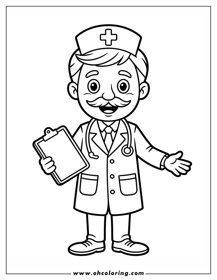 Line art of a cartoon doctor holding a clipboard, wearing a medical coat and cap.