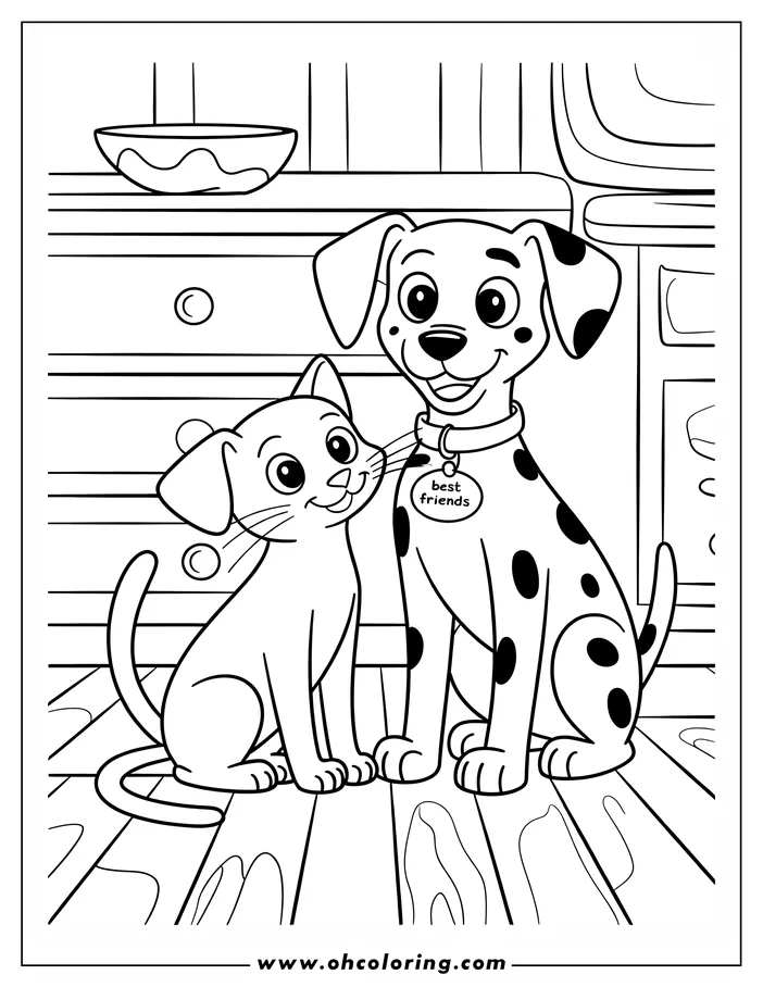 Outline of a Dalmatian dog and a cat sitting together, wearing a 'best friends' tag. A bowl is visible on a dresser in the background.