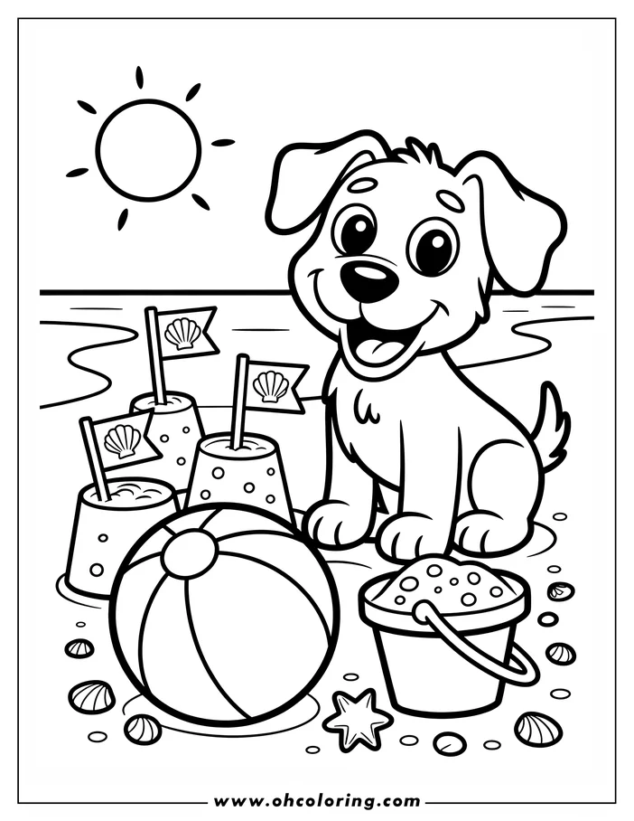A cheerful cartoon dog sits on a sandy beach surrounded by toys: a beach ball, sandcastles with shell flags, a pail, and seashells. The sun shines overhead in this simple, child-friendly line art drawing for coloring.
