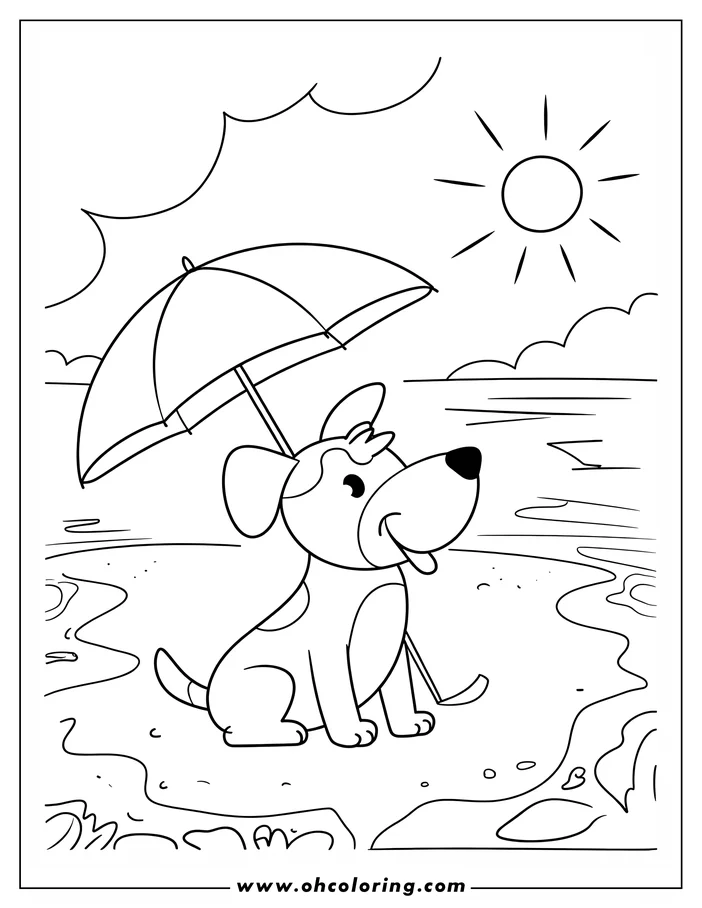 A spotted dog sitting on the beach under a parasol, line art.