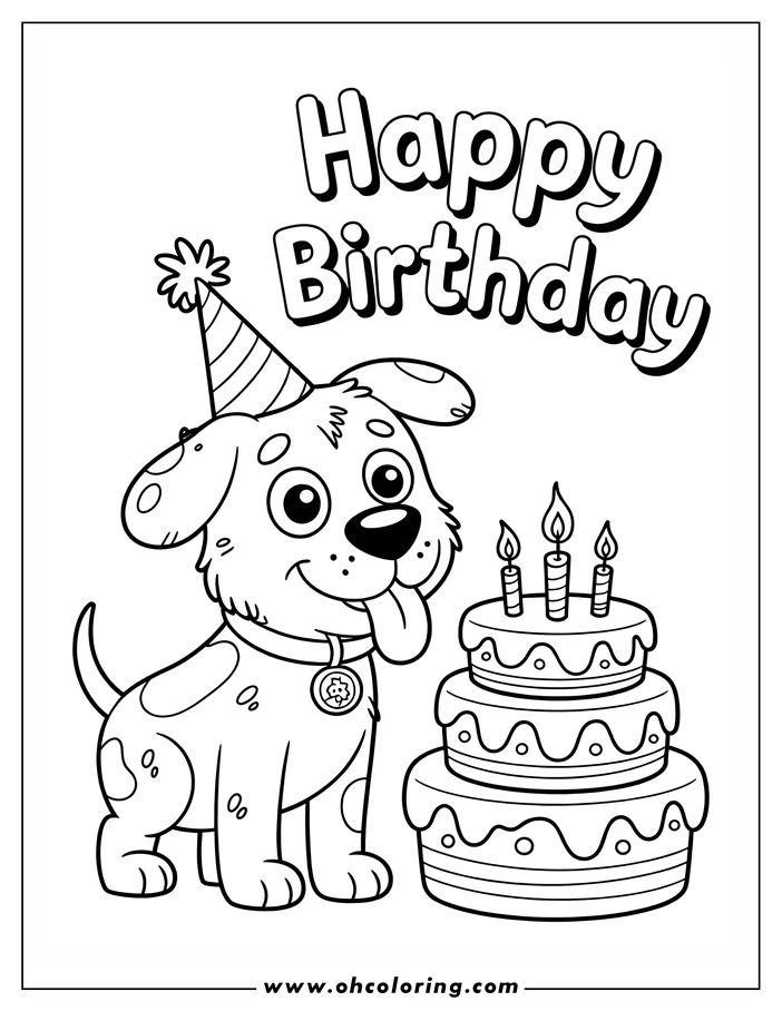 A cheerful spotted dog wearing a party hat with a three-tiered birthday cake in front, drawn in simple outline style.