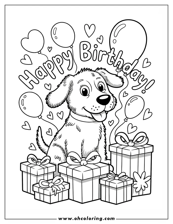 Line art of a puppy surrounded by gifts and balloons for a birthday.