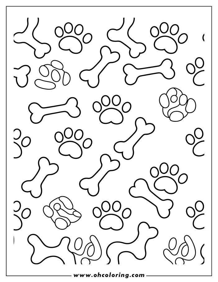 Line art of a pattern of dog bones and paw prints.