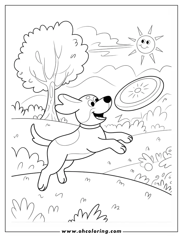 Playful dog leaping to catch a frisbee outdoors on a sunny day. Line art illustration of a dog having fun in the park.