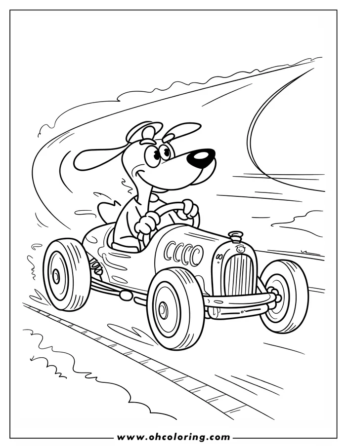 A cartoon dog driving a vintage race car, shown in simple outline for coloring.