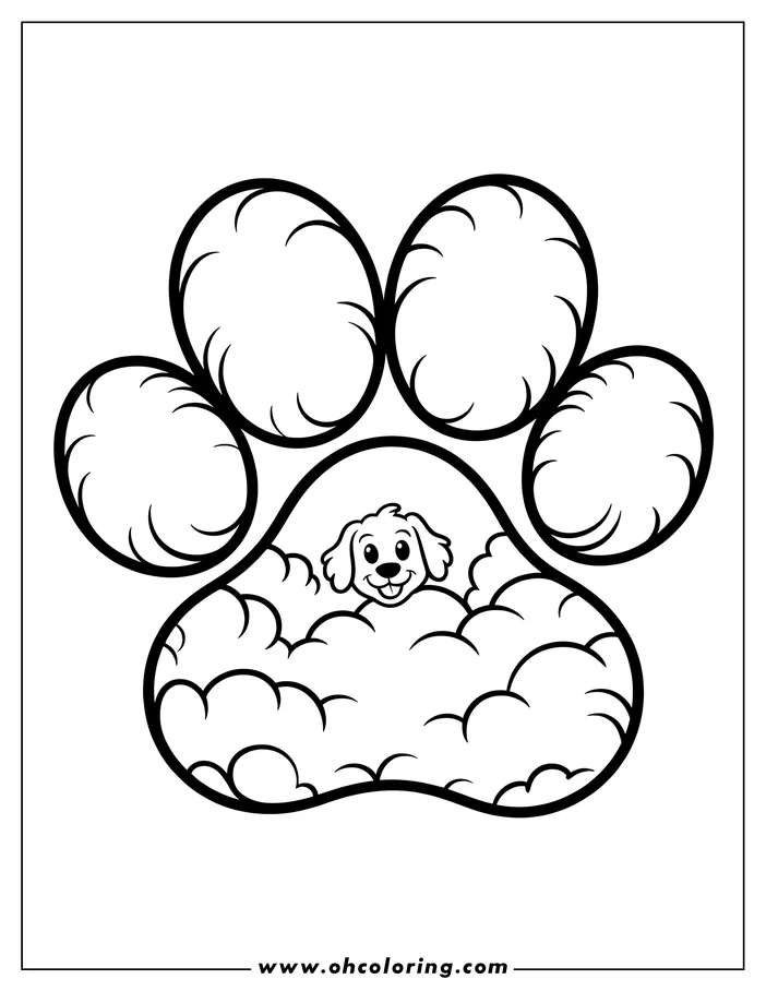 Line art of a cartoon dog's head peeking out from behind fluffy clouds, all within the outline of a large paw print.