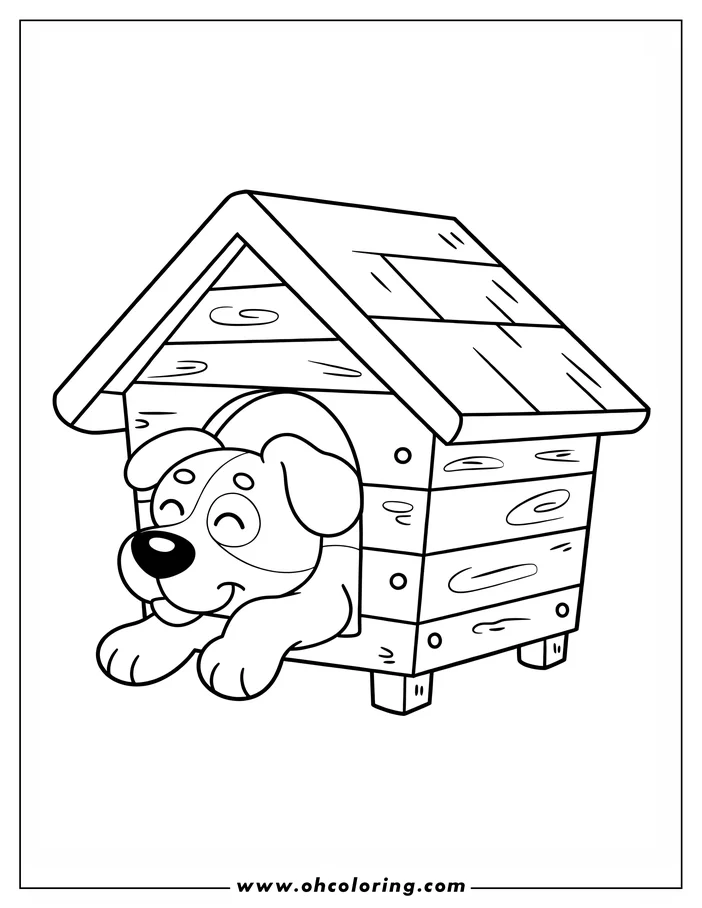 A dog resting in its doghouse, a simple outline drawing for coloring.