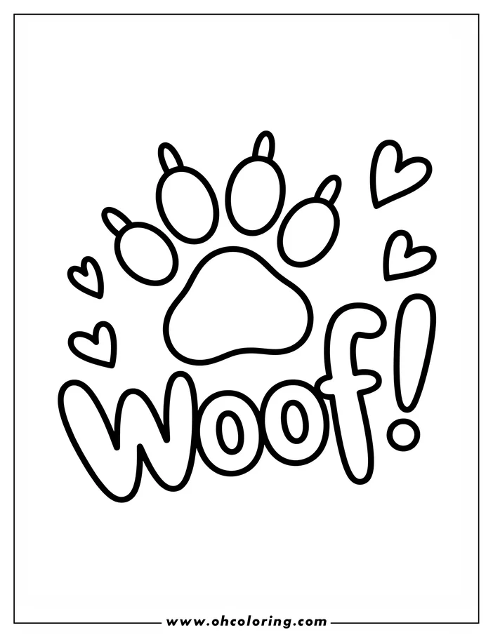A simple outline of a dog paw print with hearts and the word "Woof!"